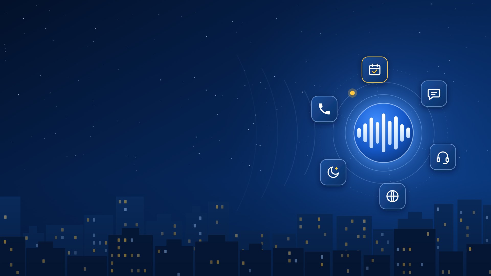 Illustration of an AI receptionist: a glowing voice waveform surrounded by phone, calendar, chat, headset, language, and after-hours icons above a city at night