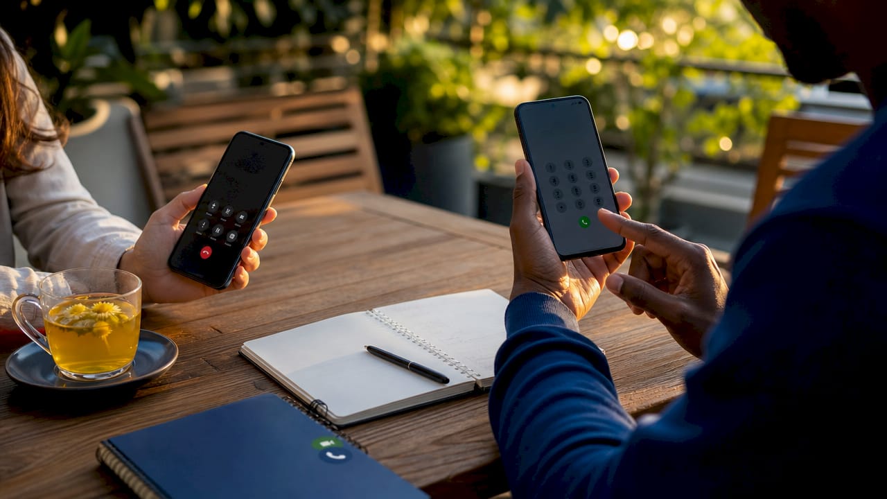 Close-up of hands using caller ID masking on smartphones