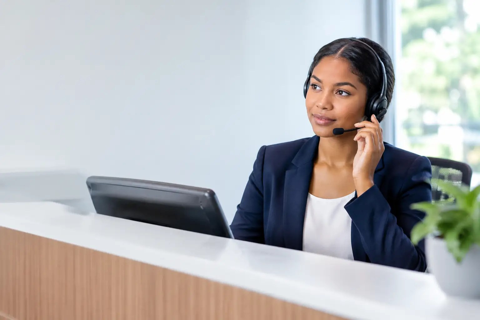 Receptionist wearing a headset at a modern front desk, taking a call while glancing away from her monitor