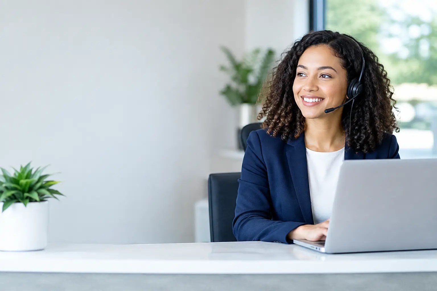 Smiling small business receptionist wearing a headset at a bright front desk with a laptop