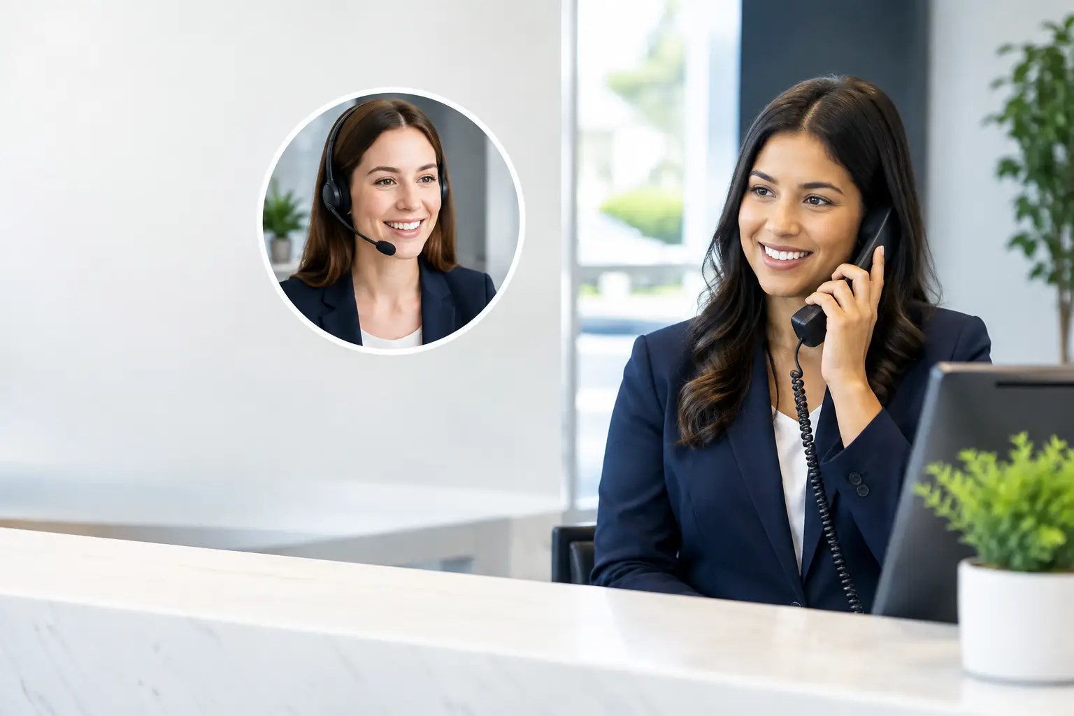 Live receptionist answering a desk phone at a front counter, with an inset of a remote receptionist on a headset
