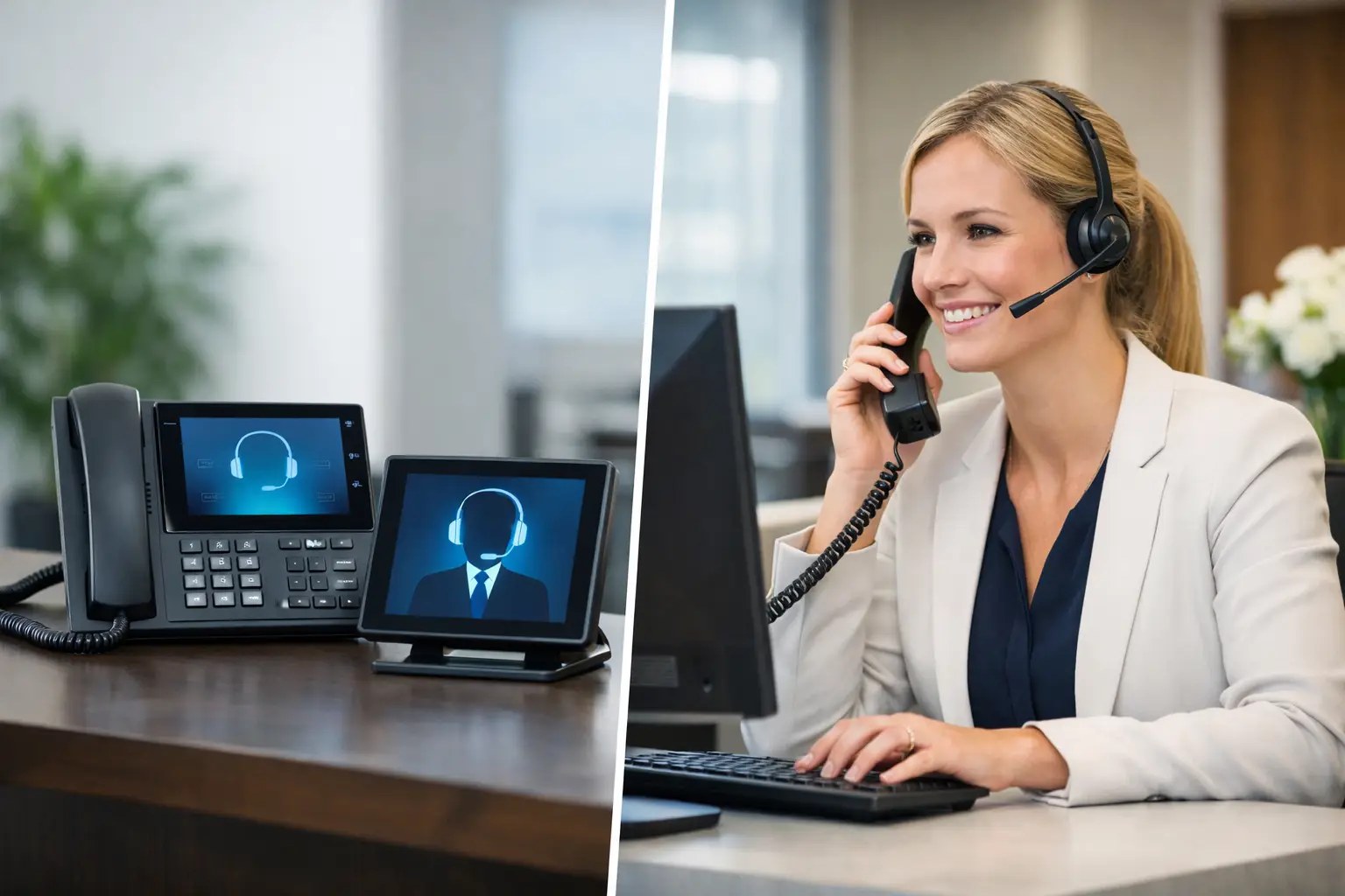 Split image comparing a VoIP desk phone auto attendant with a live receptionist answering calls at a front desk