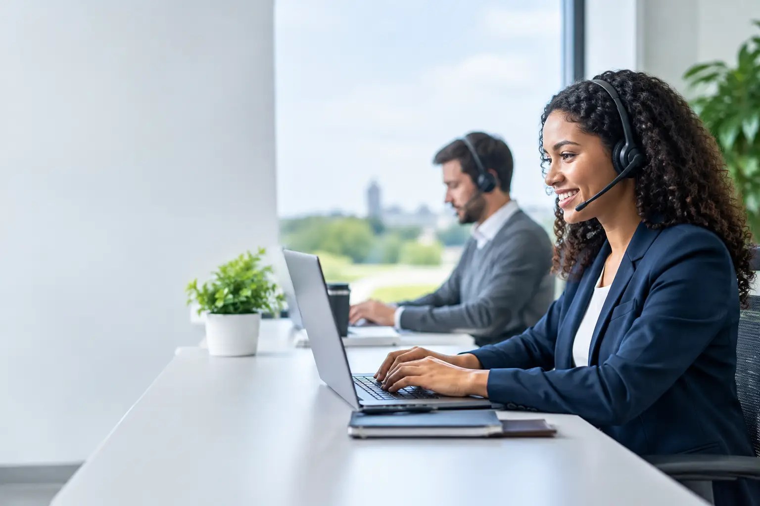 Smiling customer service representative wearing a headset and typing on a laptop while a coworker takes a call behind her