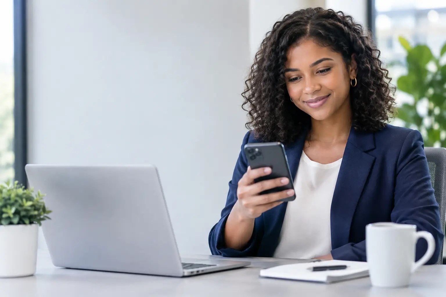 Office professional in a navy blazer smiling as she answers a customer text from her work number on a smartphone, with a laptop open on her desk