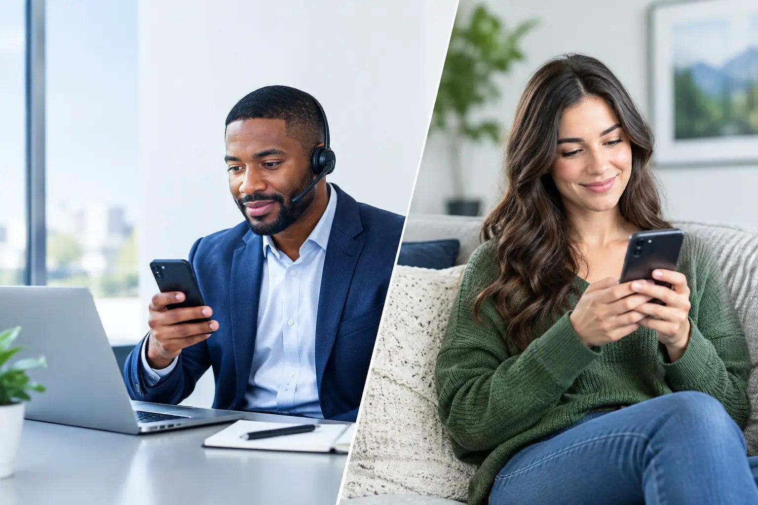 Split image: a man in a headset texts from his phone at an office laptop on the left, and a woman in a green sweater texts from a couch at home on the right