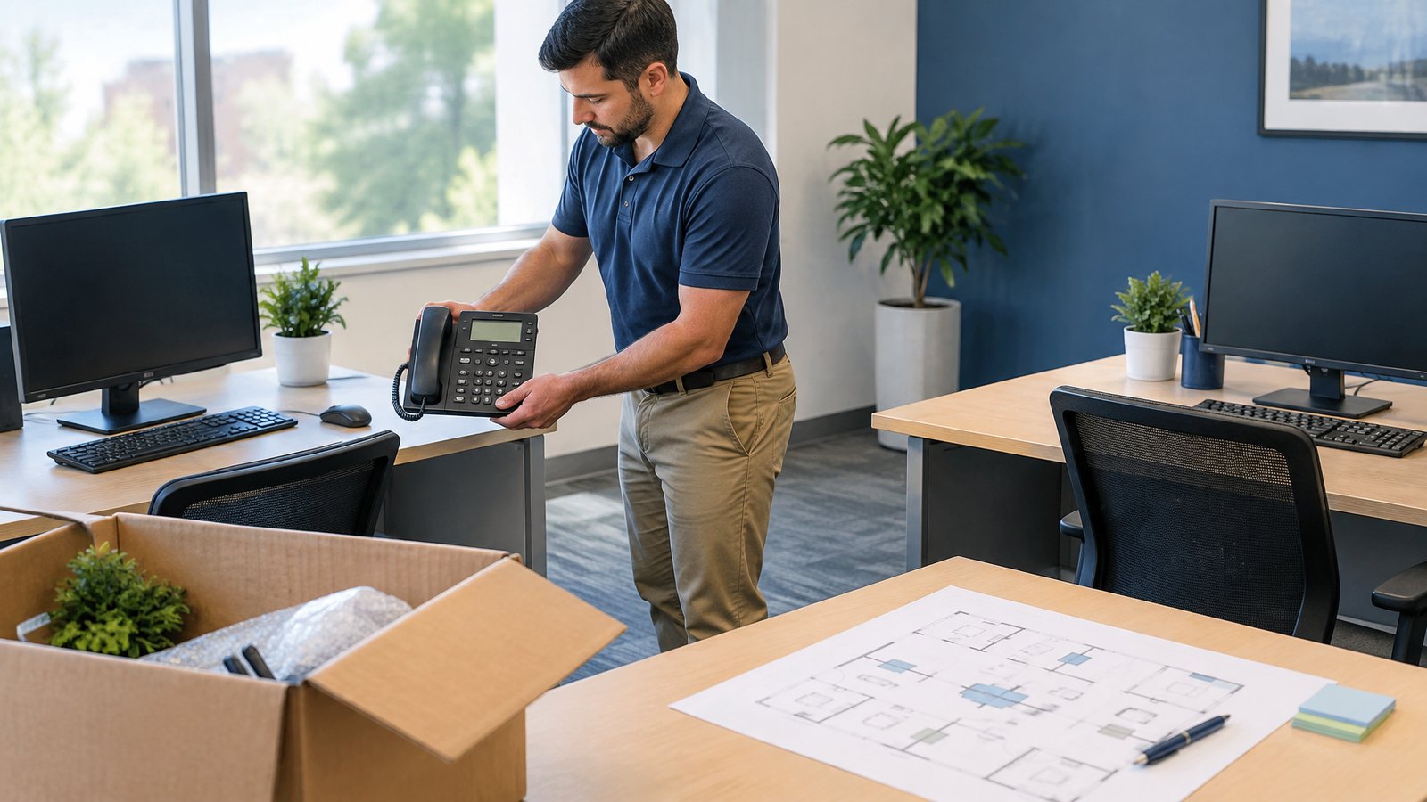 IT technician carrying a business VoIP desk phone between workstations in an office being rearranged