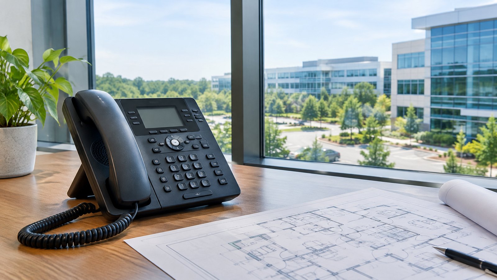Business VoIP desk phone on a desk beside an office floor plan, with campus office buildings outside the window