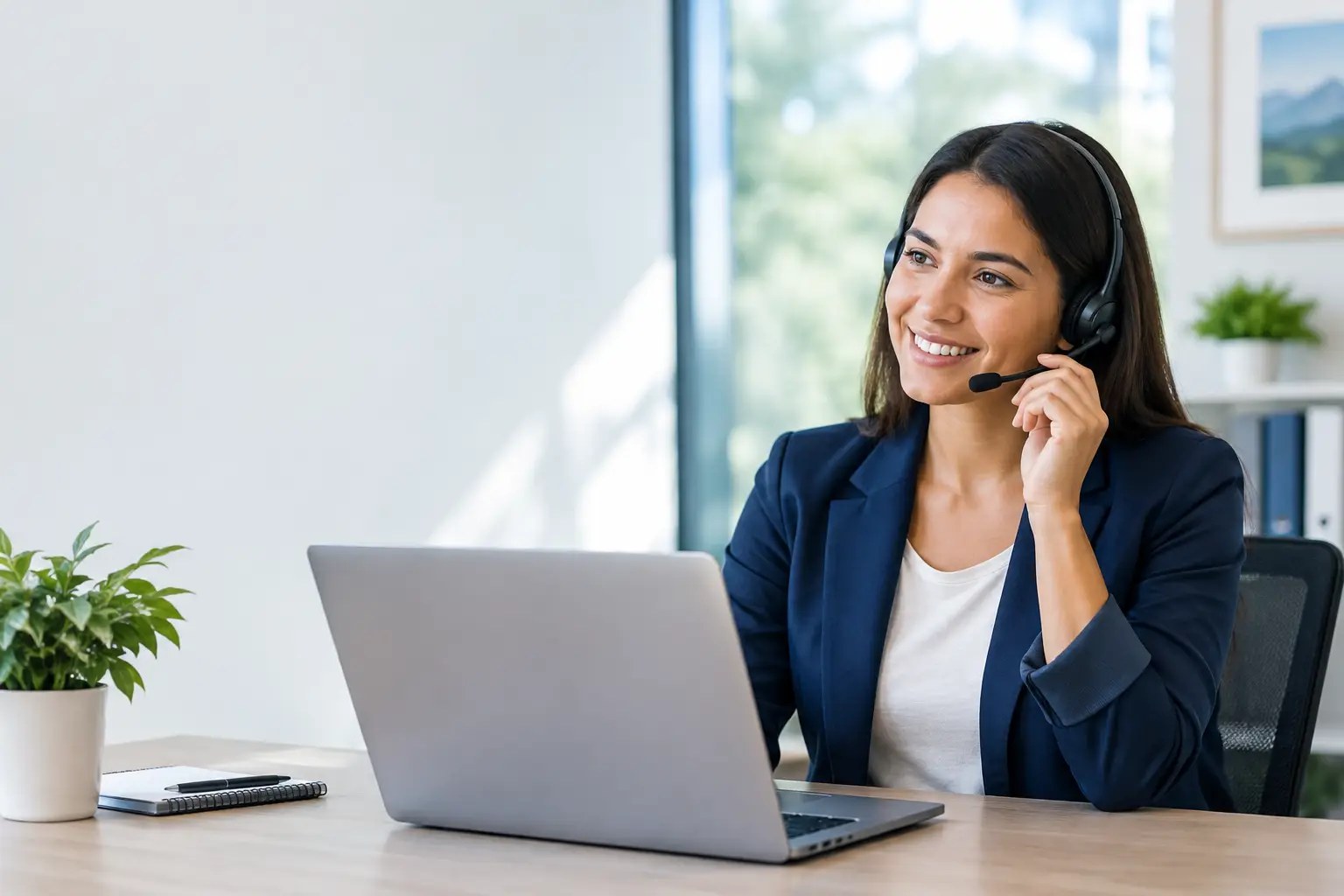 Office manager wearing a headset at a laptop, reviewing business call recording settings