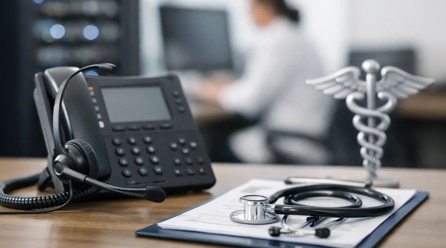 VoIP desk phone with headset beside a stethoscope and caduceus on a medical office desk, representing HIPAA-compliant healthcare phone systems