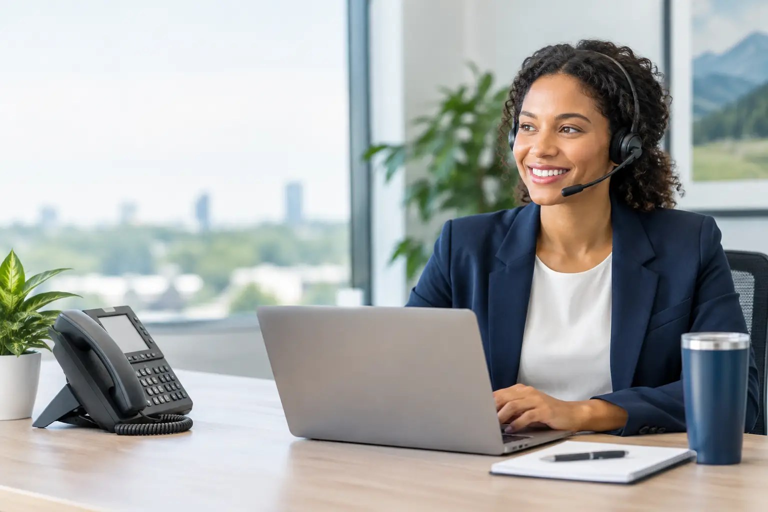 Office professional wearing a headset and smiling at her laptop, with an IP desk phone on the desk and a city view behind her