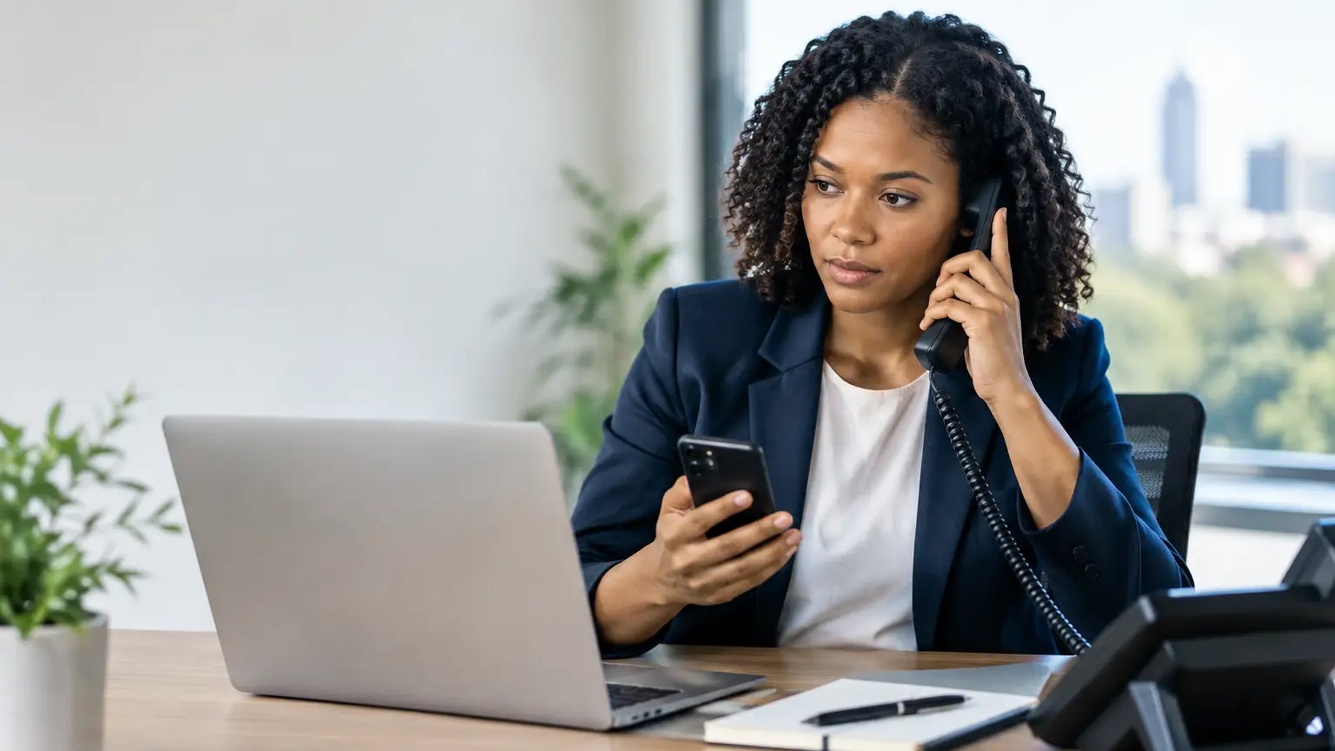 An office manager on a desk phone checks her cell phone at the same time, working out where calls should go during an outage