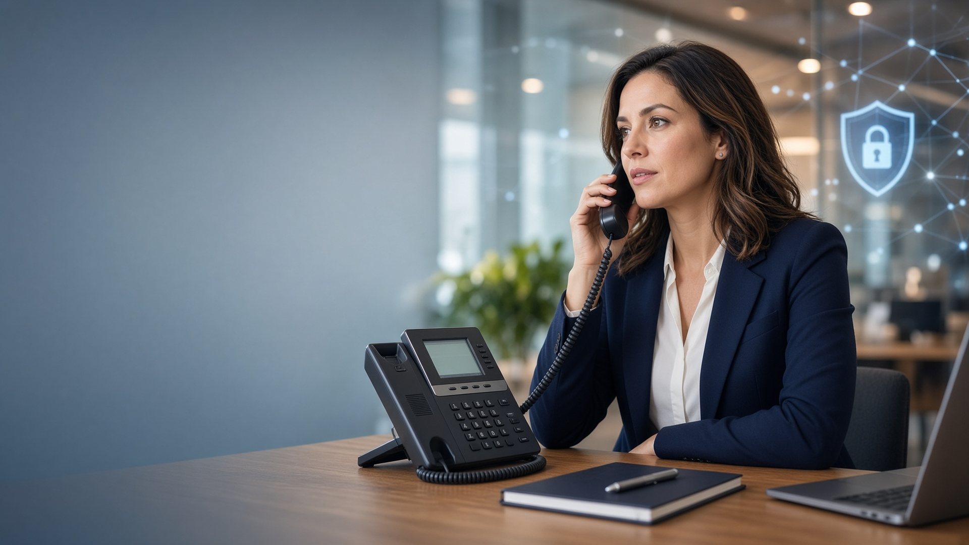 A business professional on a desk phone in a modern office with a security shield and network graphic on the glass wall behind her