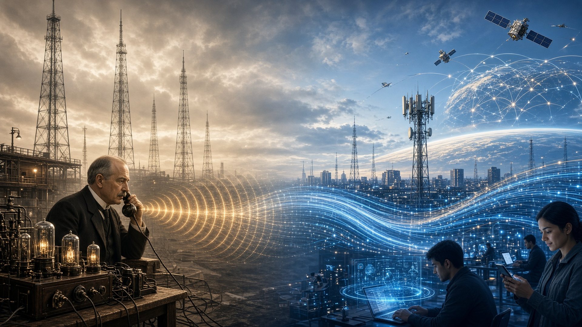 A 1915 engineer speaks into a candlestick telephone beside vacuum tubes while a modern city, cell towers and satellites carry the call forward into the cloud