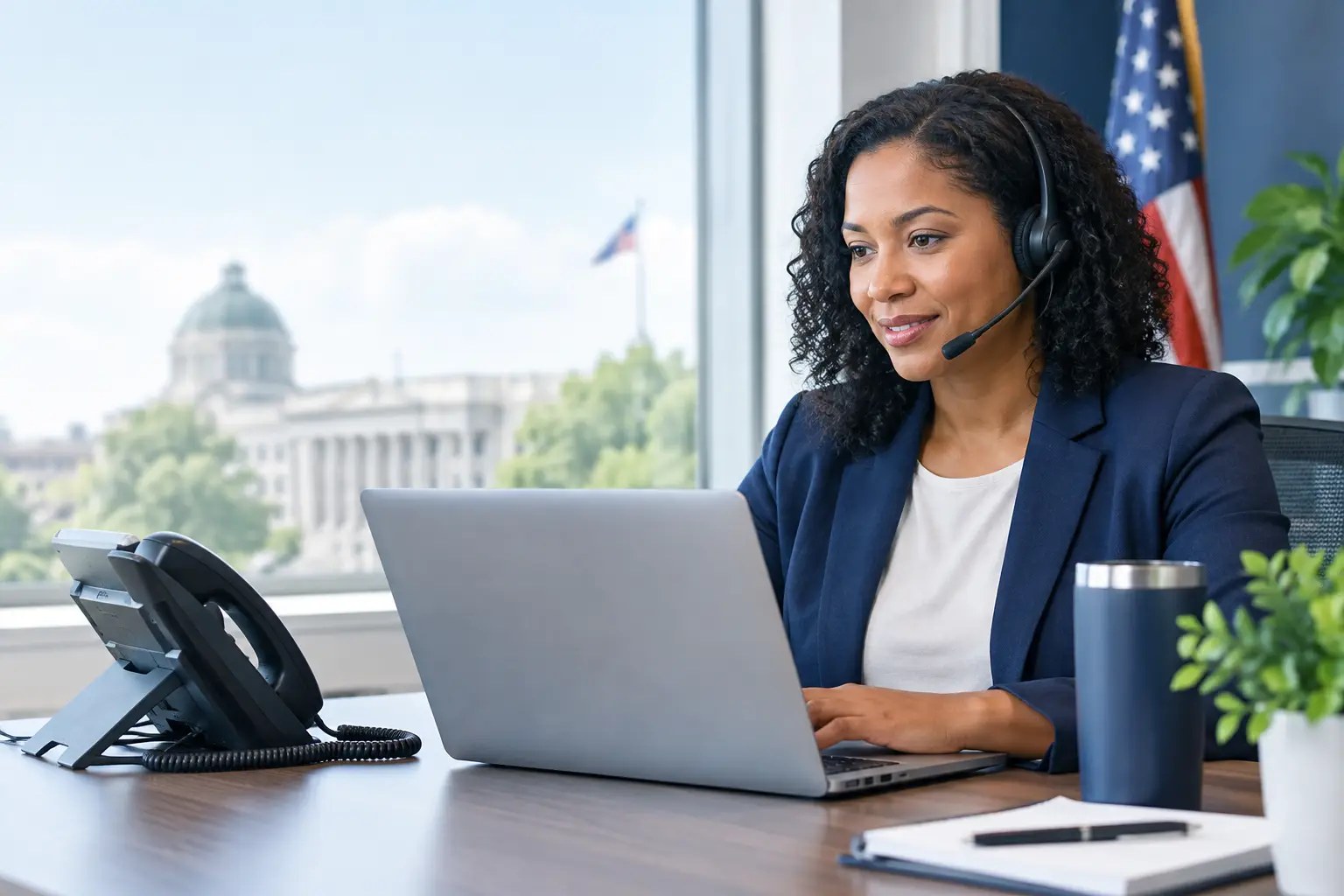 Government office employee wearing a headset working at a laptop beside a desk phone, with an American flag and a domed government building visible through the window