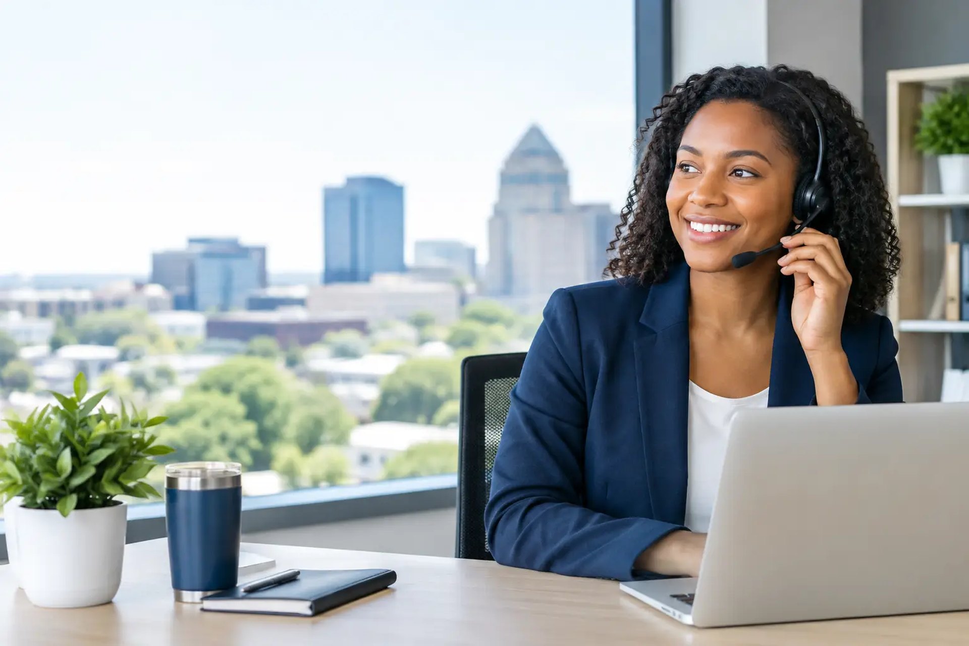 Office professional wearing a headset at a laptop with the Greensboro skyline in the window behind her