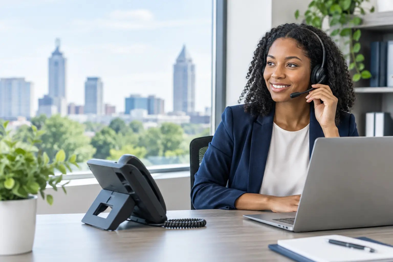 Smiling receptionist wearing a headset at a desk with a laptop and a desk phone, with a city skyline visible through the office window
