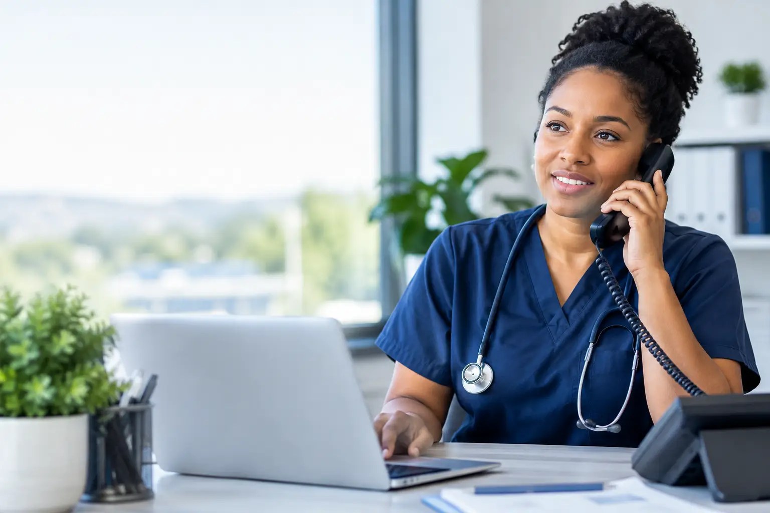 Nurse in navy scrubs answering a desk phone at a medical office front desk with a laptop open