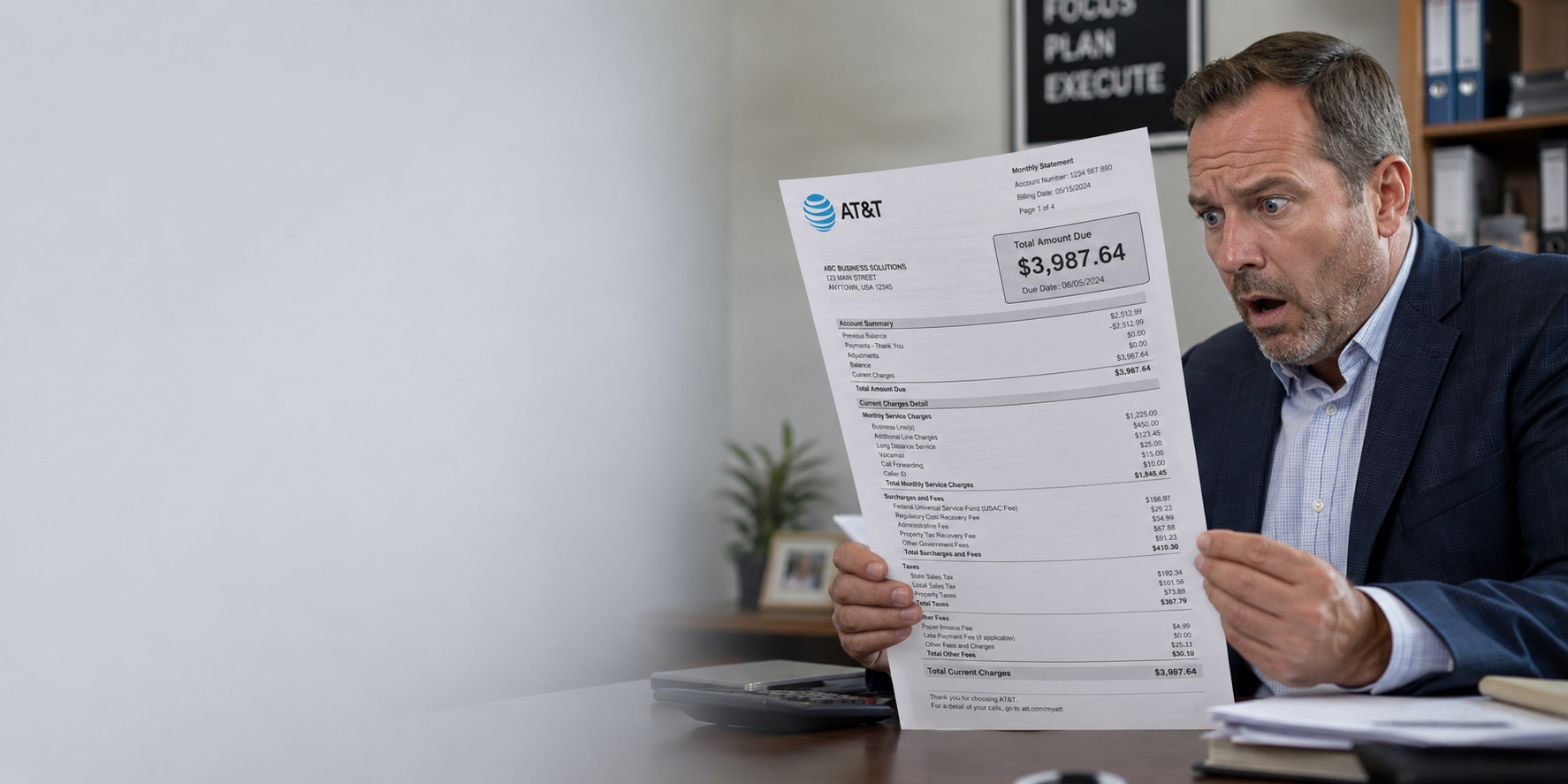 Business owner reviewing a phone bill with unexpected charges and fees