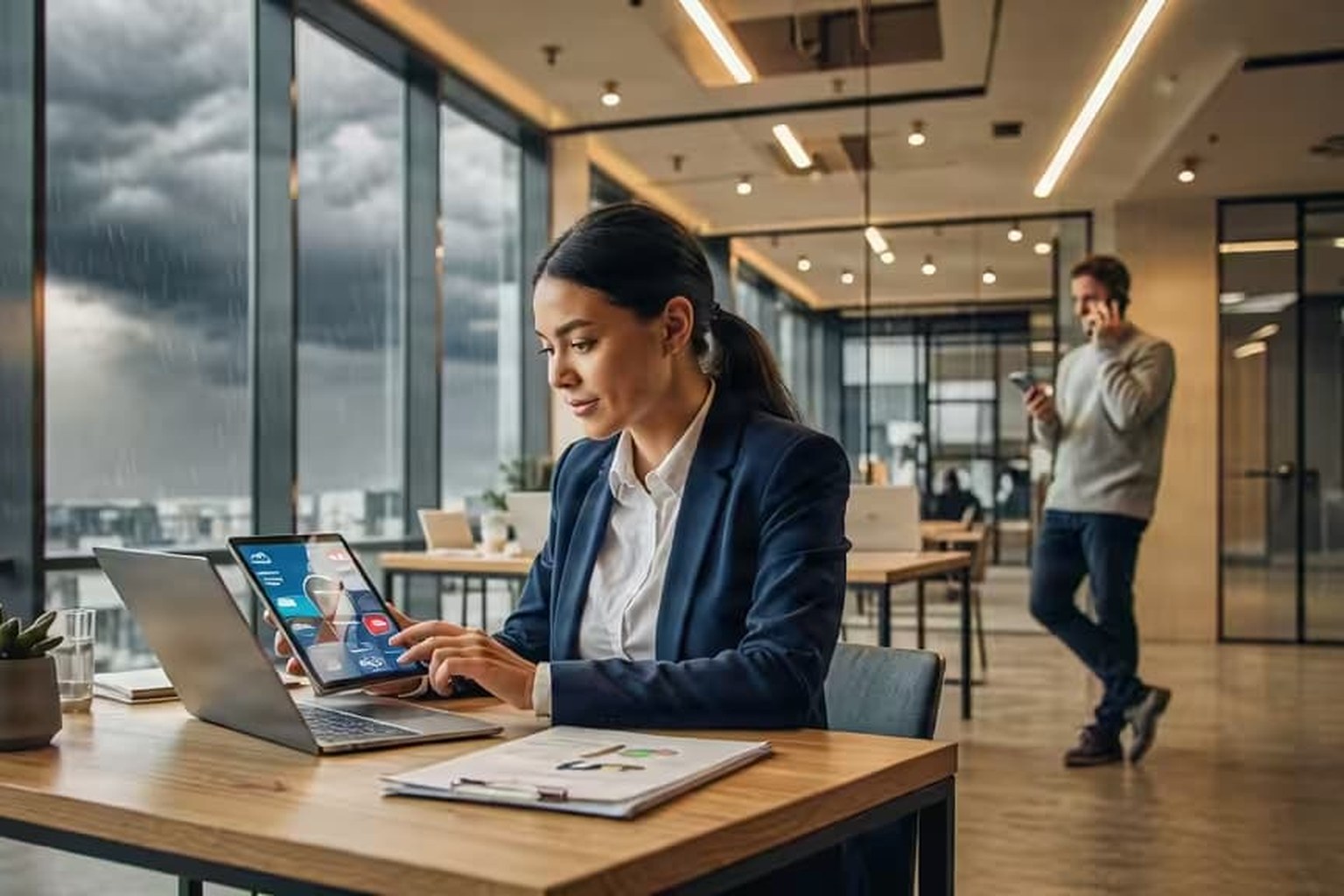 Office worker taking a call on a tablet app at her desk while a storm darkens the windows behind her and a coworker talks on a cellphone