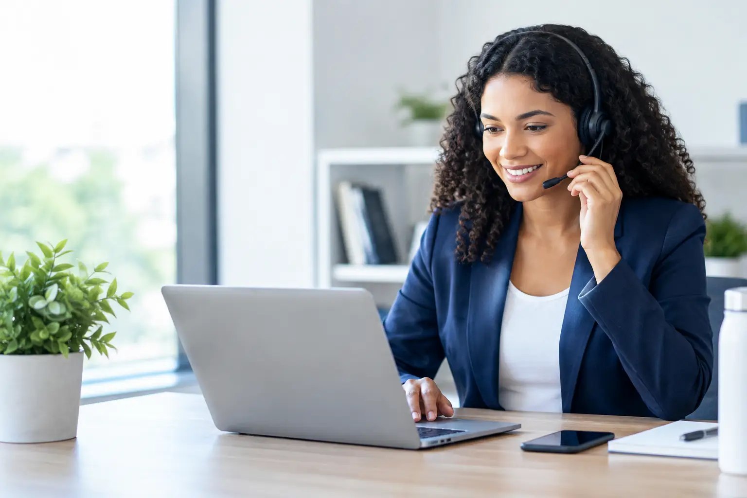 A smiling employee in a navy blazer takes a call on a headset at her laptop in a bright office, with her smartphone beside the keyboard