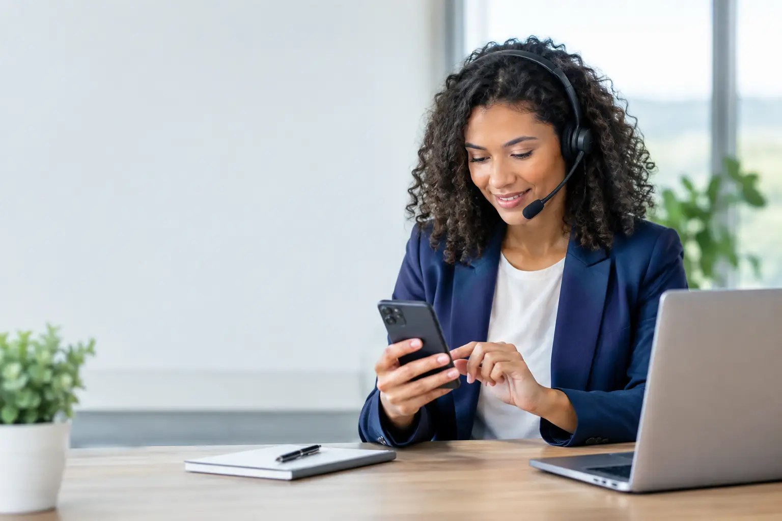 Office worker wearing a headset setting up a business softphone app on her smartphone next to a laptop