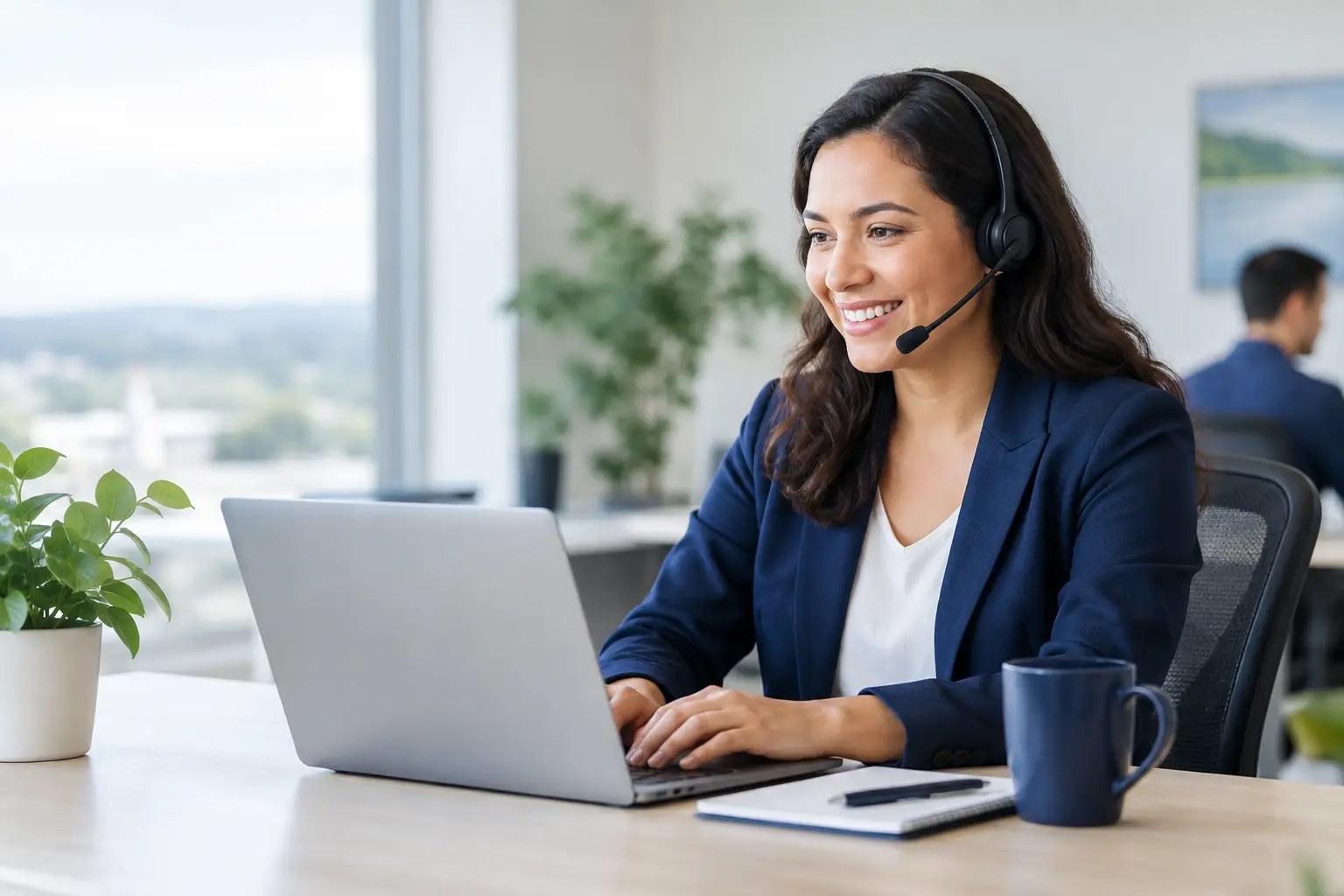 Office receptionist wearing a headset, smiling while managing incoming calls on a laptop