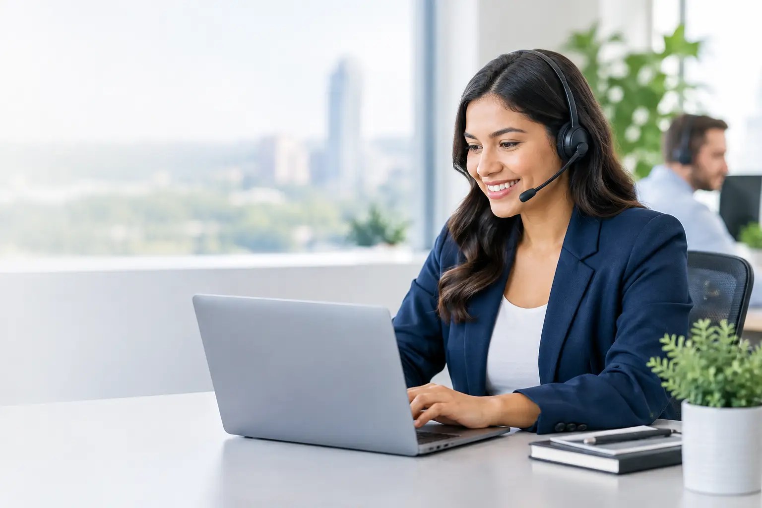 Smiling customer support specialist wearing a headset working at a laptop in a bright office, with a coworker and a city view behind her