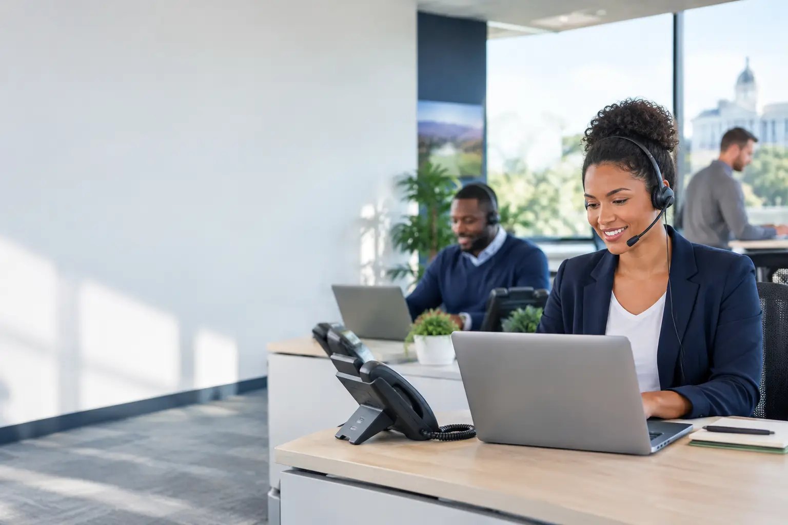 A receptionist wearing a headset answers calls on a laptop beside a desk phone in a bright multi-office workplace