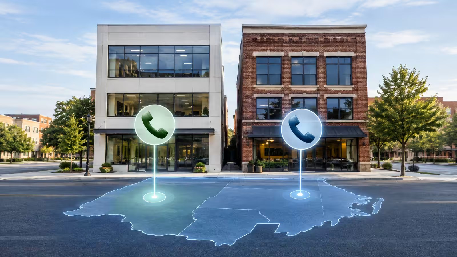 Two neighboring office buildings on the same downtown street, each marked with a phone icon, standing over an outline of North Carolina