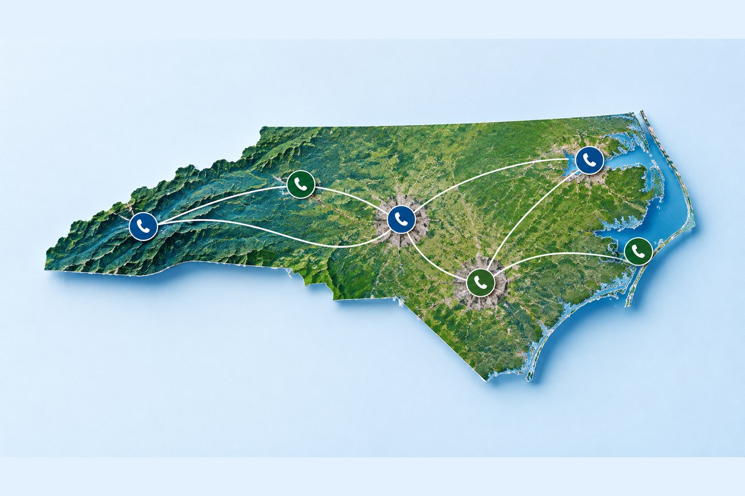 Relief map of North Carolina with phone icons at the mountains, Triad, Triangle, Charlotte, Fayetteville, and the coast, linked by white call paths