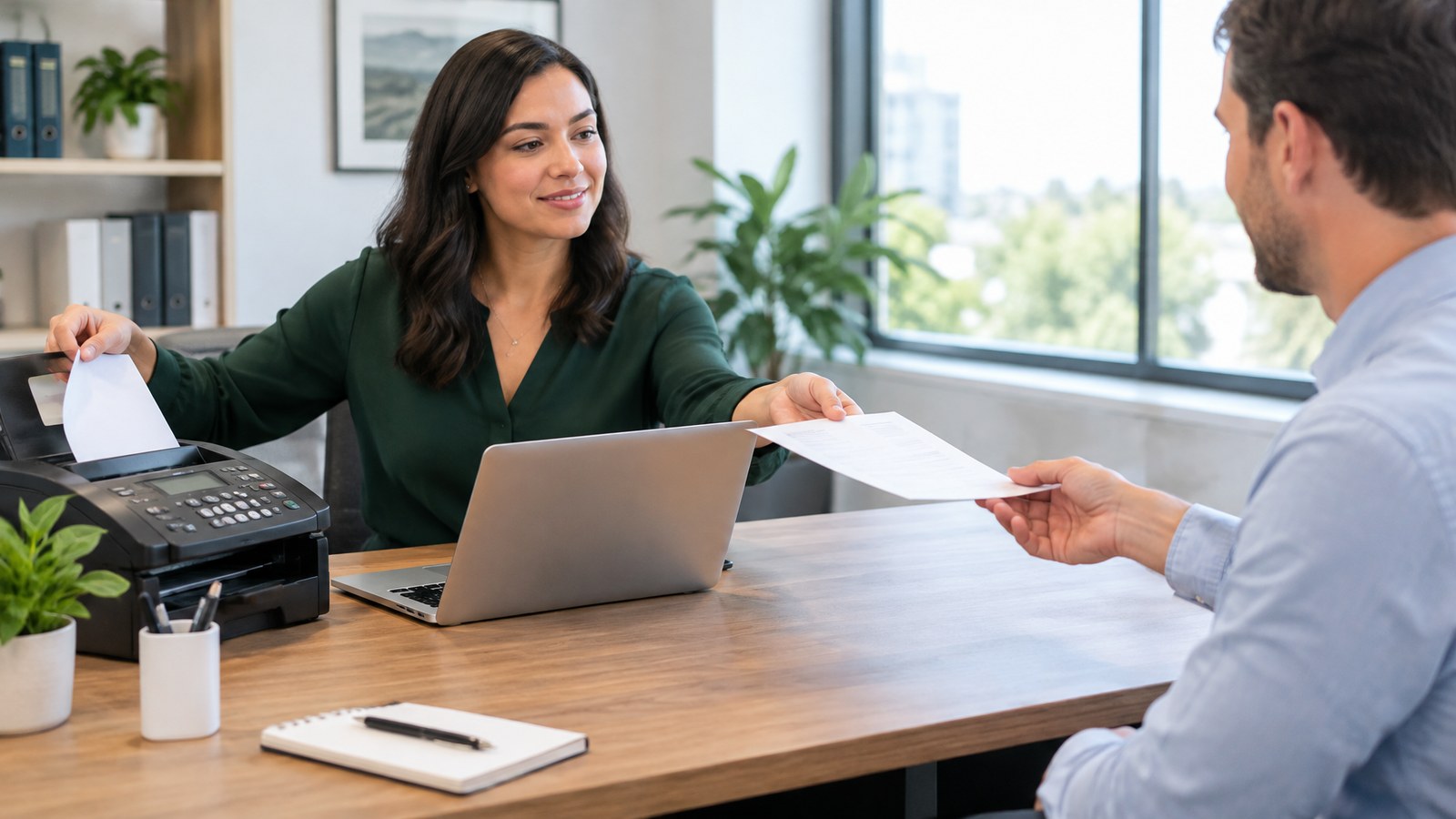 Small business office staff reviewing a faxed document on a laptop next to a desk phone