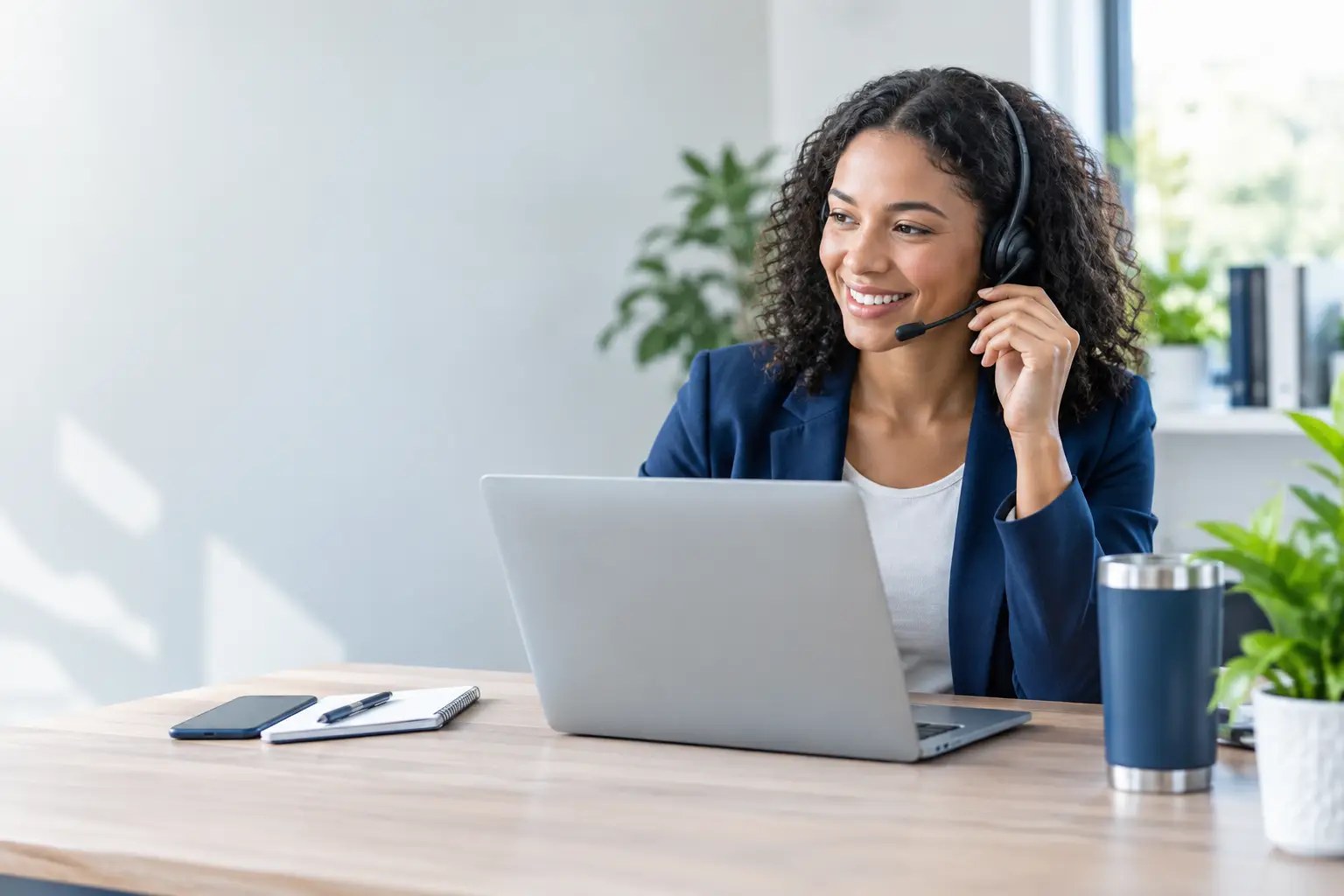 Smiling woman wearing a headset working at a laptop on a wooden desk in a bright home office, with a phone and notebook beside her