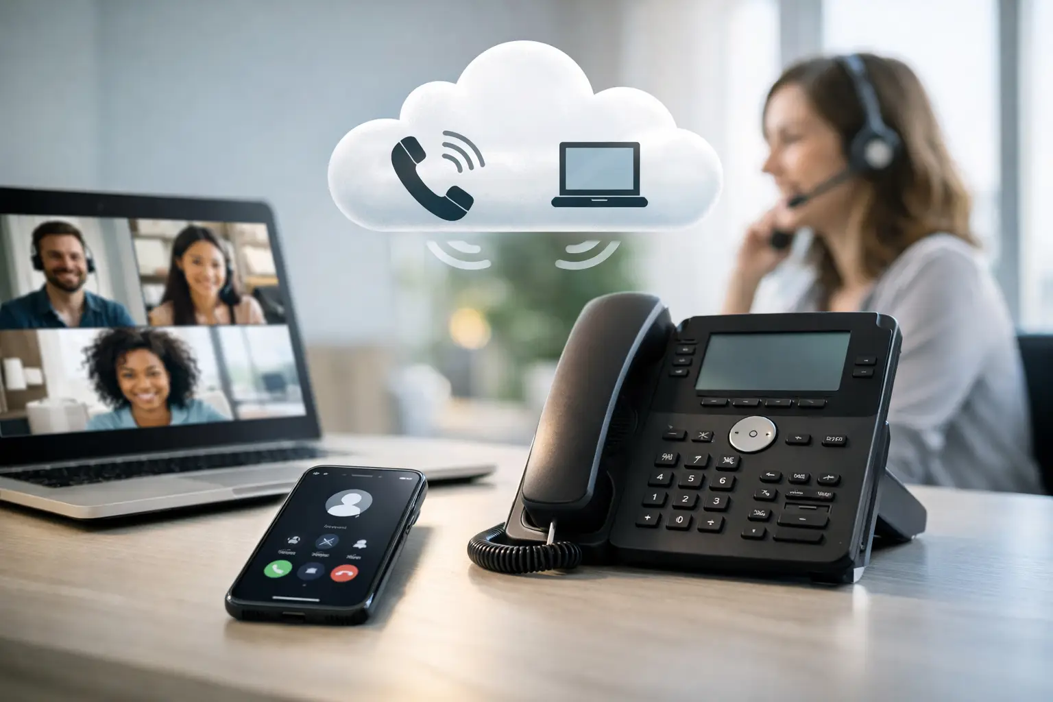Remote team connected through a cloud phone system across desk phone, laptop, and mobile