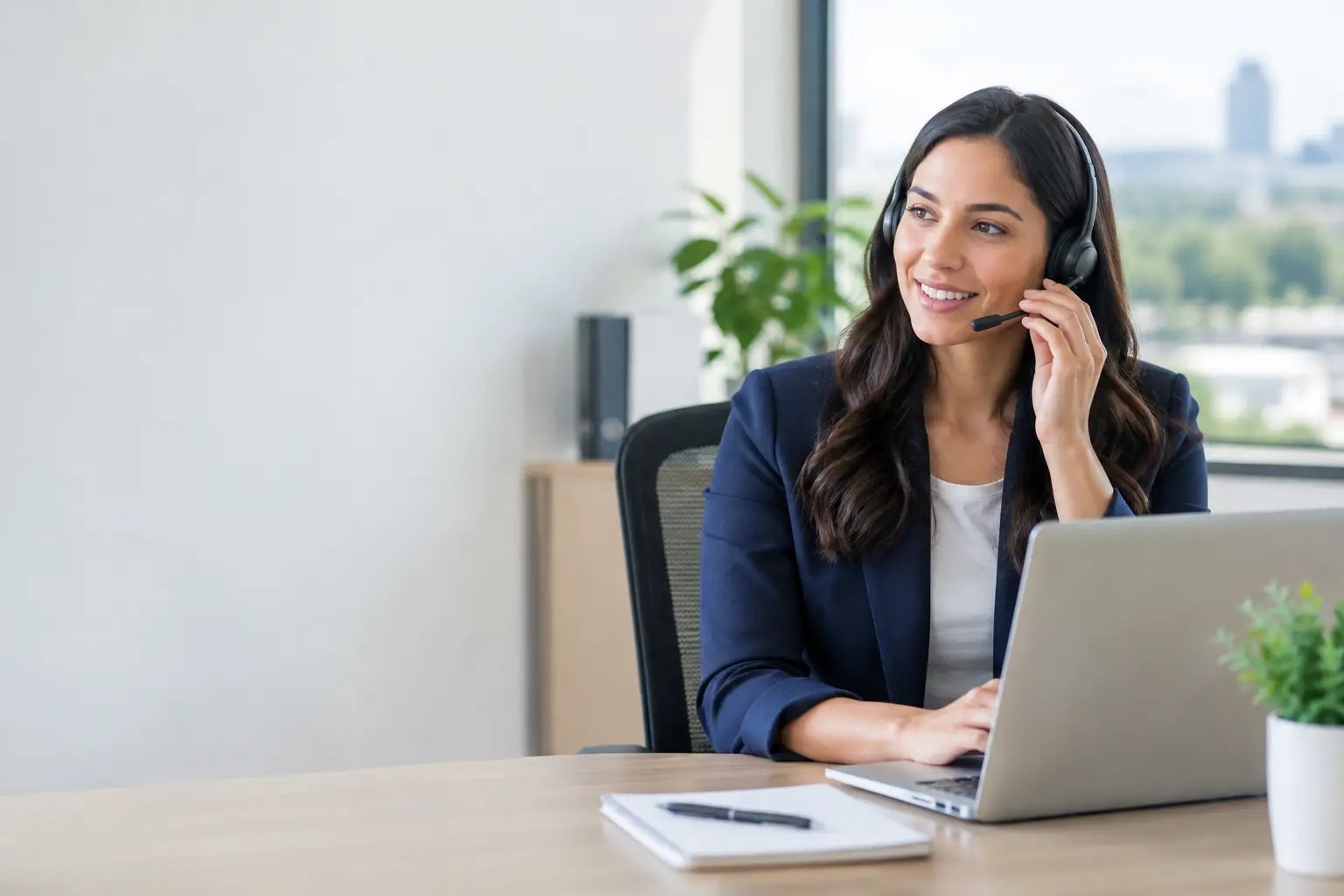 Office professional wearing a headset and smiling while working at a laptop beside a window