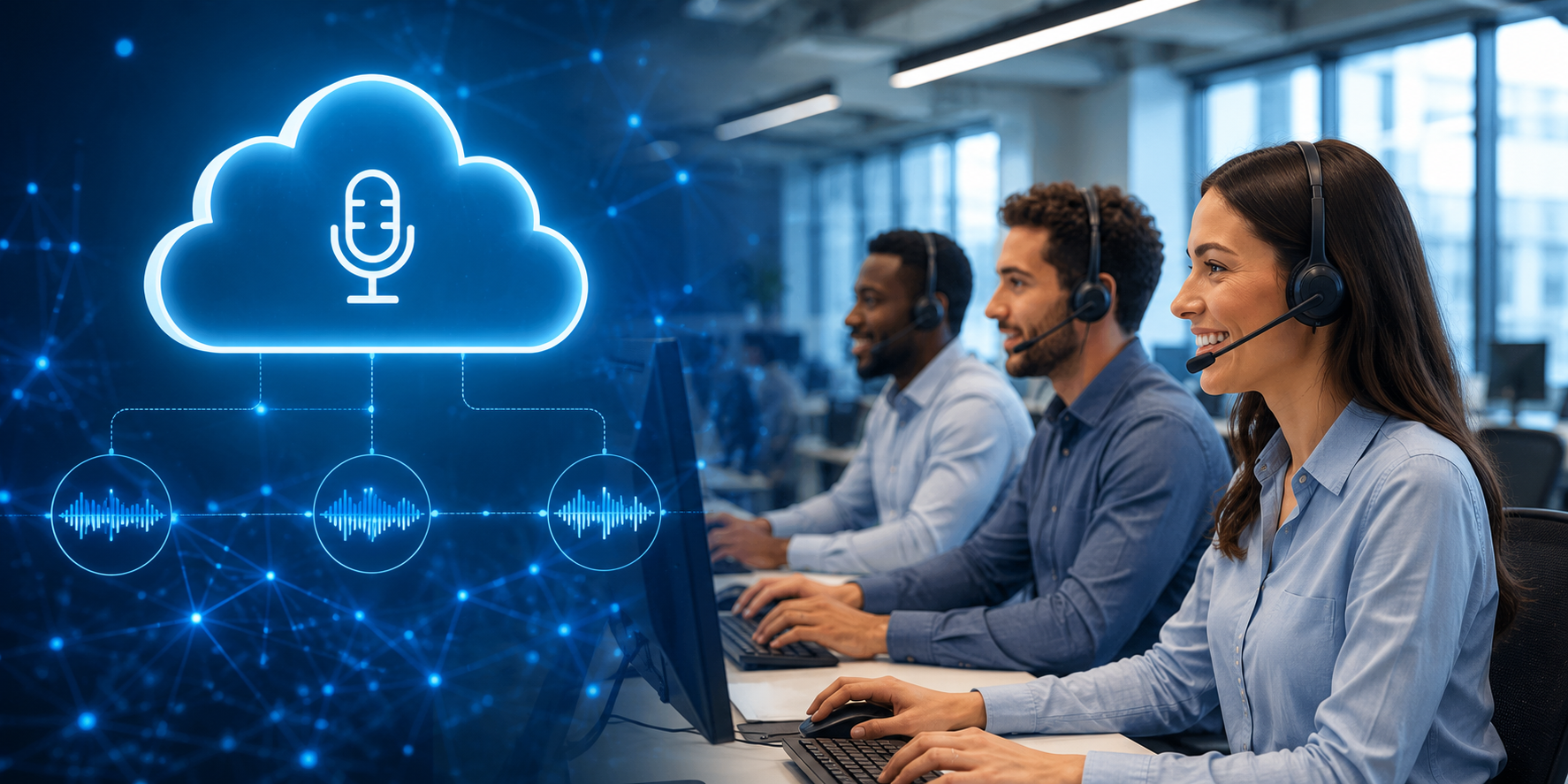 Customer service agents on headsets with a cloud call recording graphic