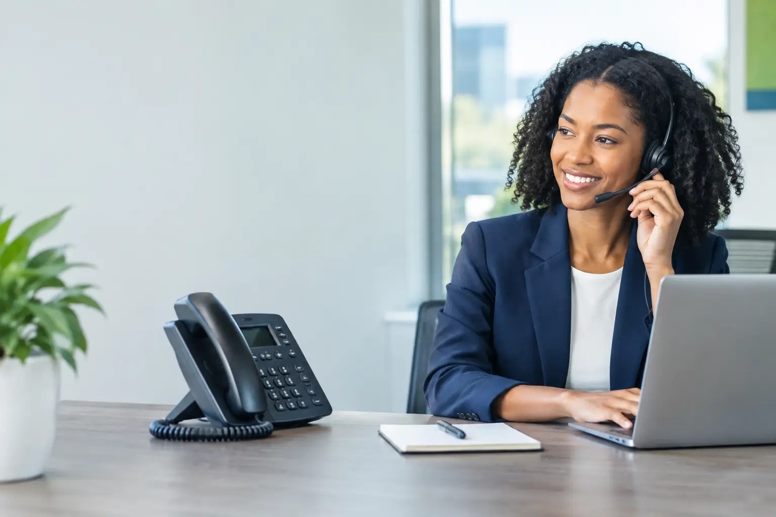 Office professional wearing a headset at her laptop beside an analog desk phone in a bright office