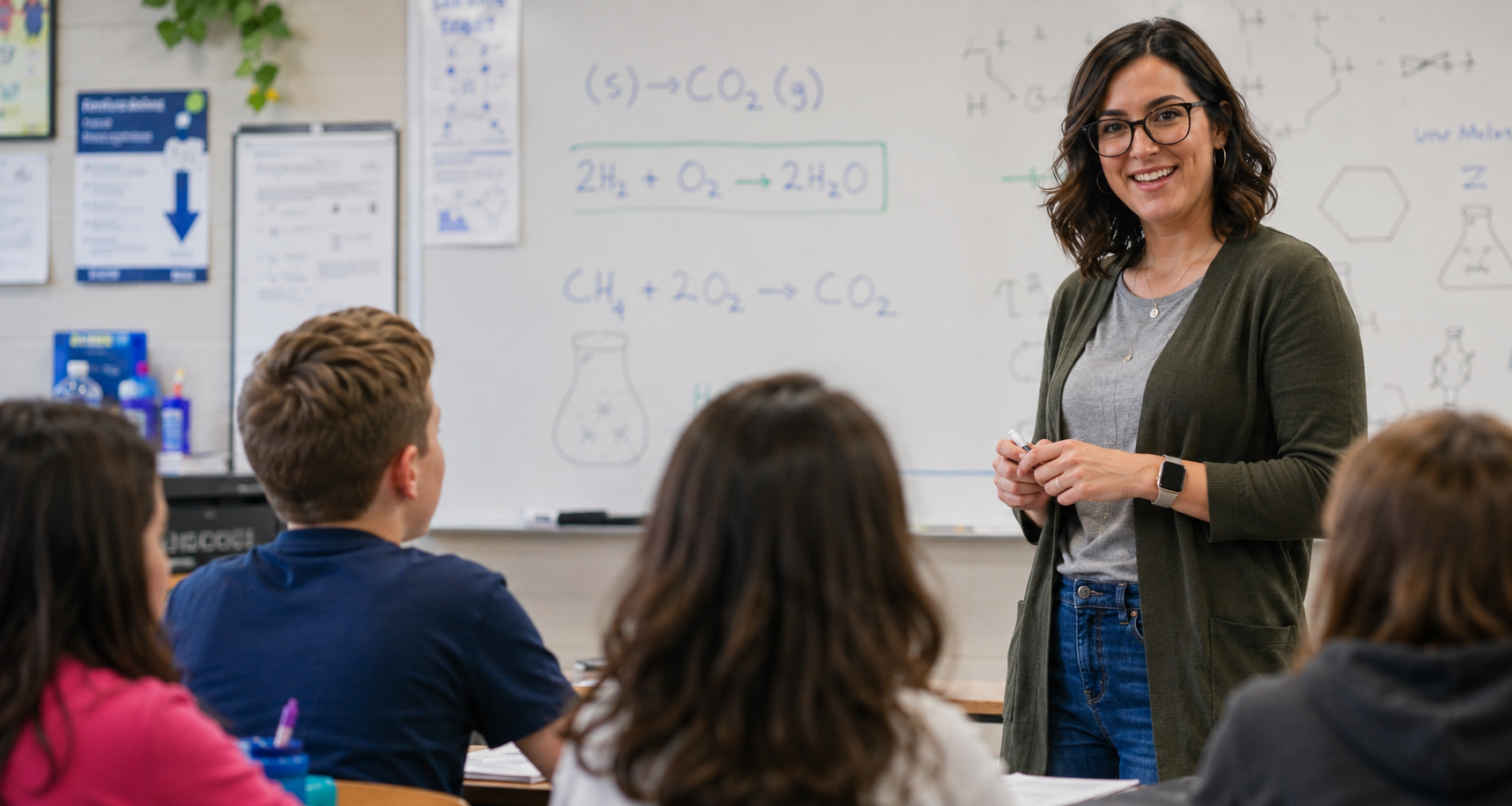 Teacher leading a classroom discussion in a modern school building