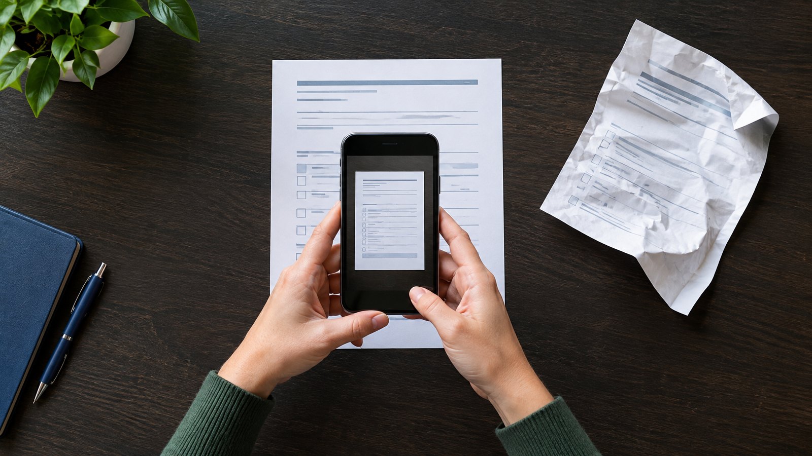 Hands hold a smartphone above a paper form on a dark desk, scanning it into a PDF, with a crumpled fax printout beside it