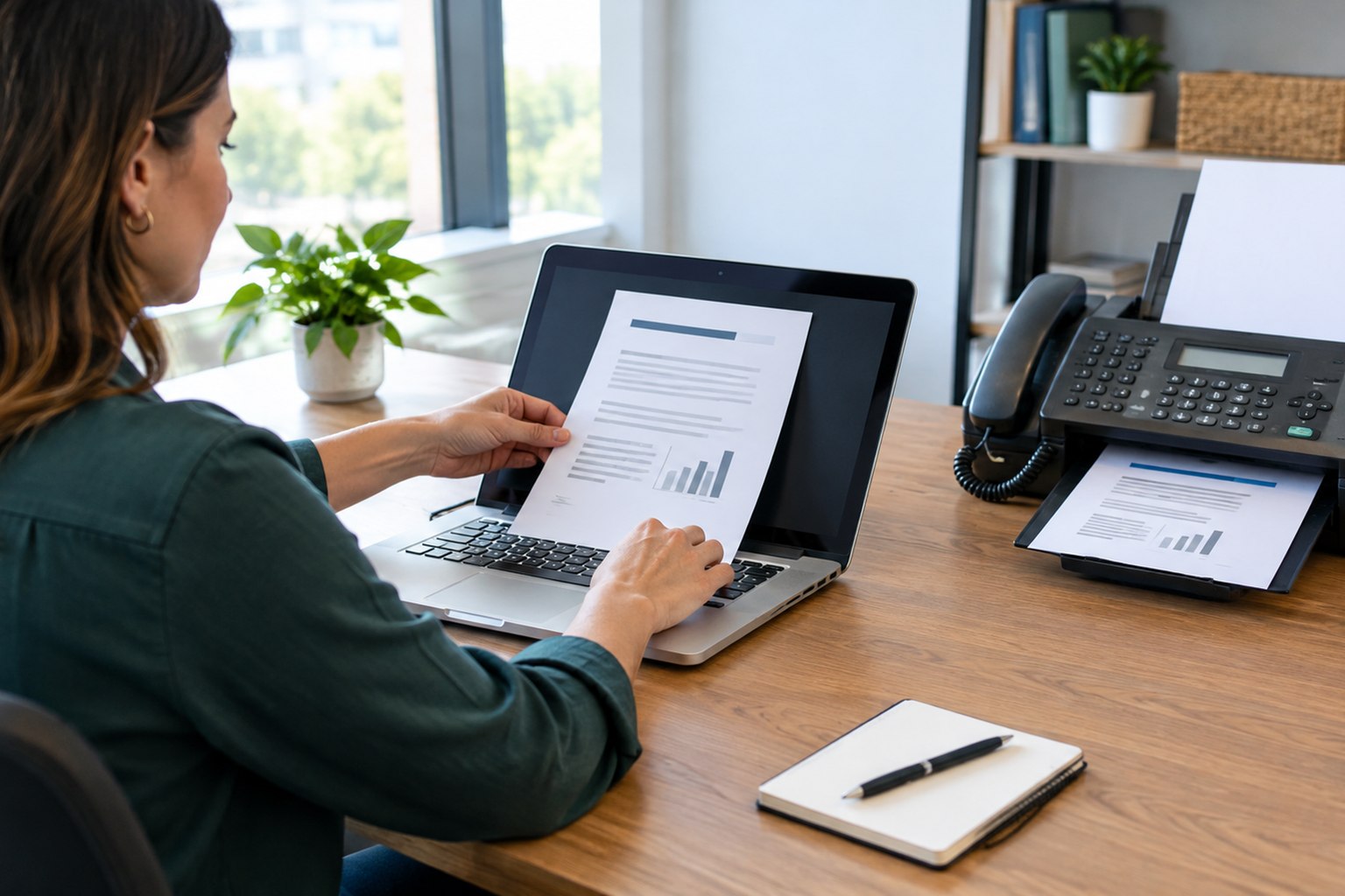 An office worker reviews a document on her laptop while an old fax machine on the desk beside her prints the same page