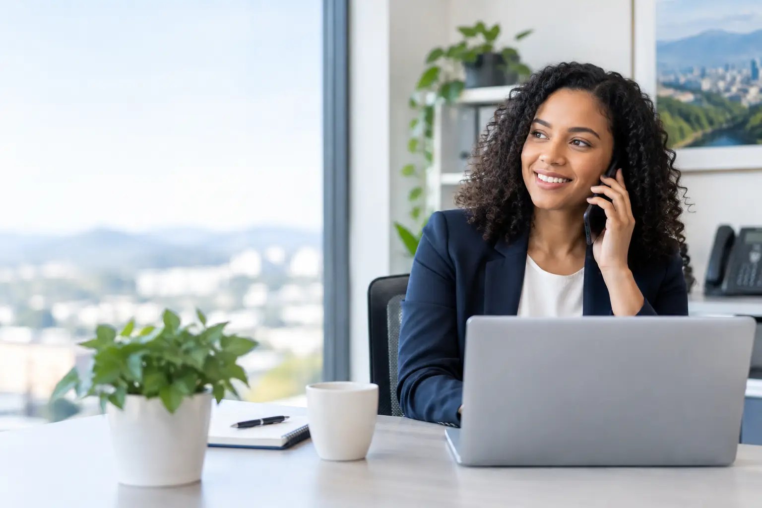 Office manager smiling on a phone call at her desk with a laptop and a desk phone behind her