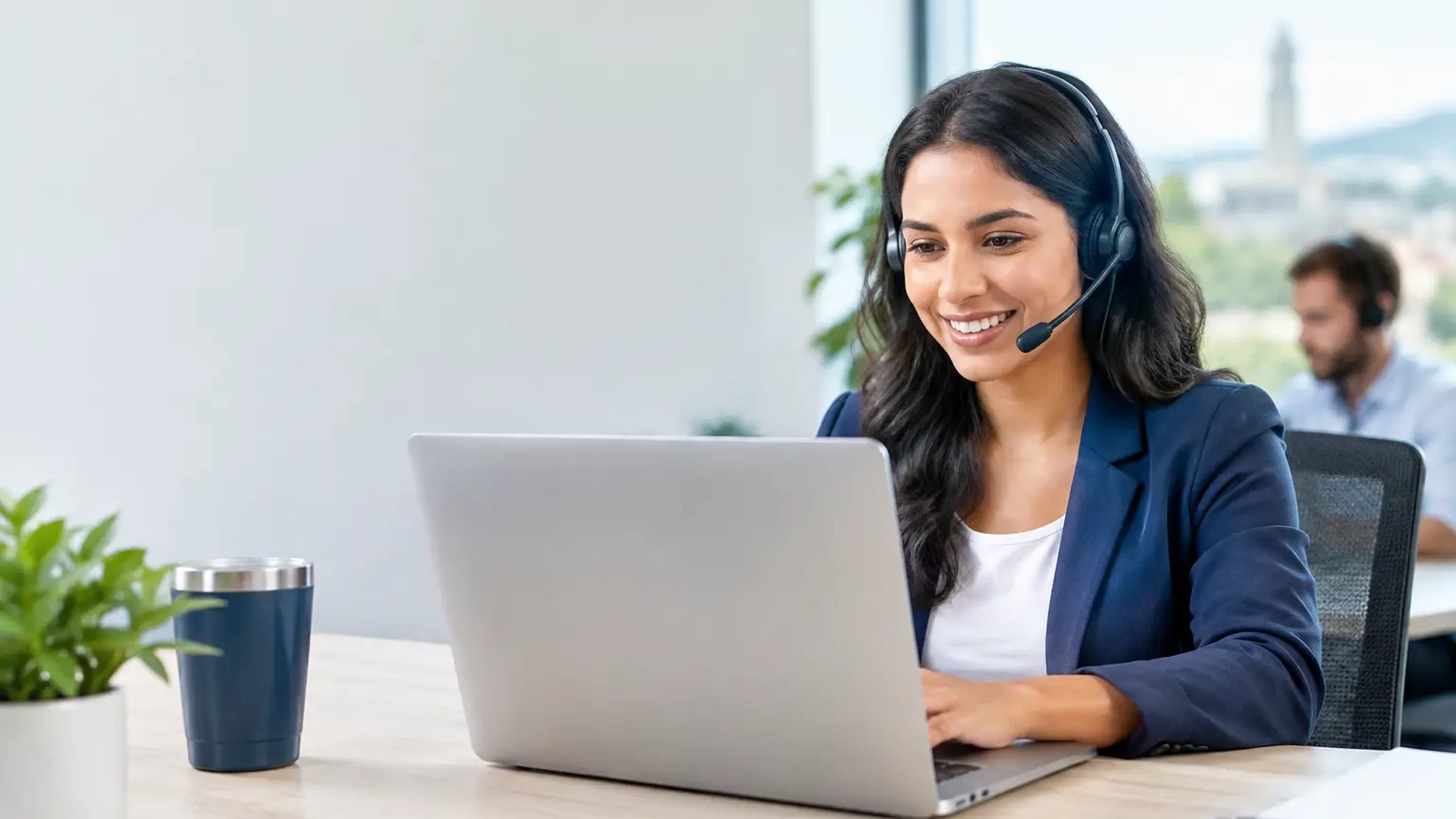A smiling support engineer wearing a headset works at a laptop in a bright office while a colleague takes a call behind her