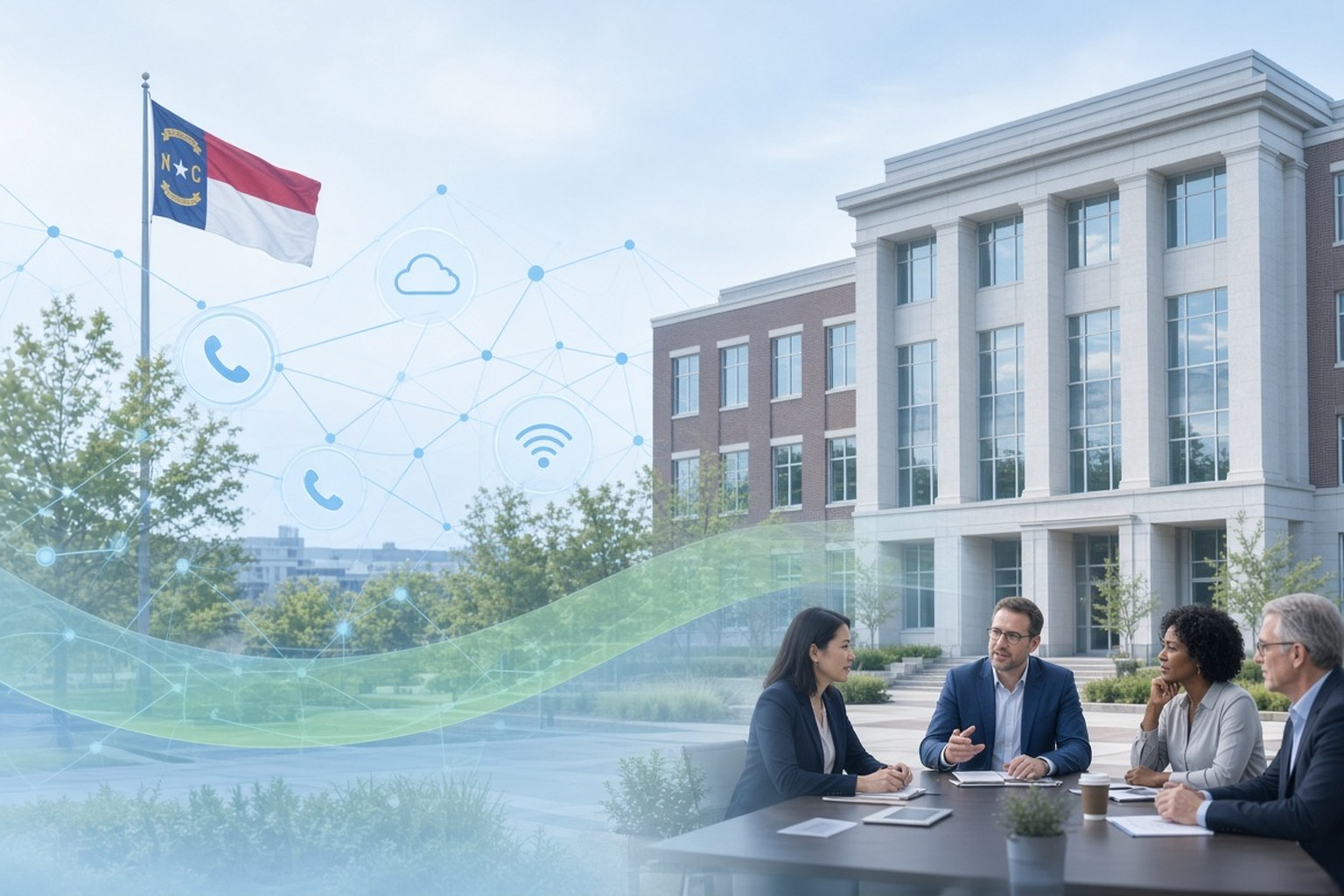 Four local officials meeting at an outdoor table beside a government building, with the North Carolina flag and phone and cloud icons above