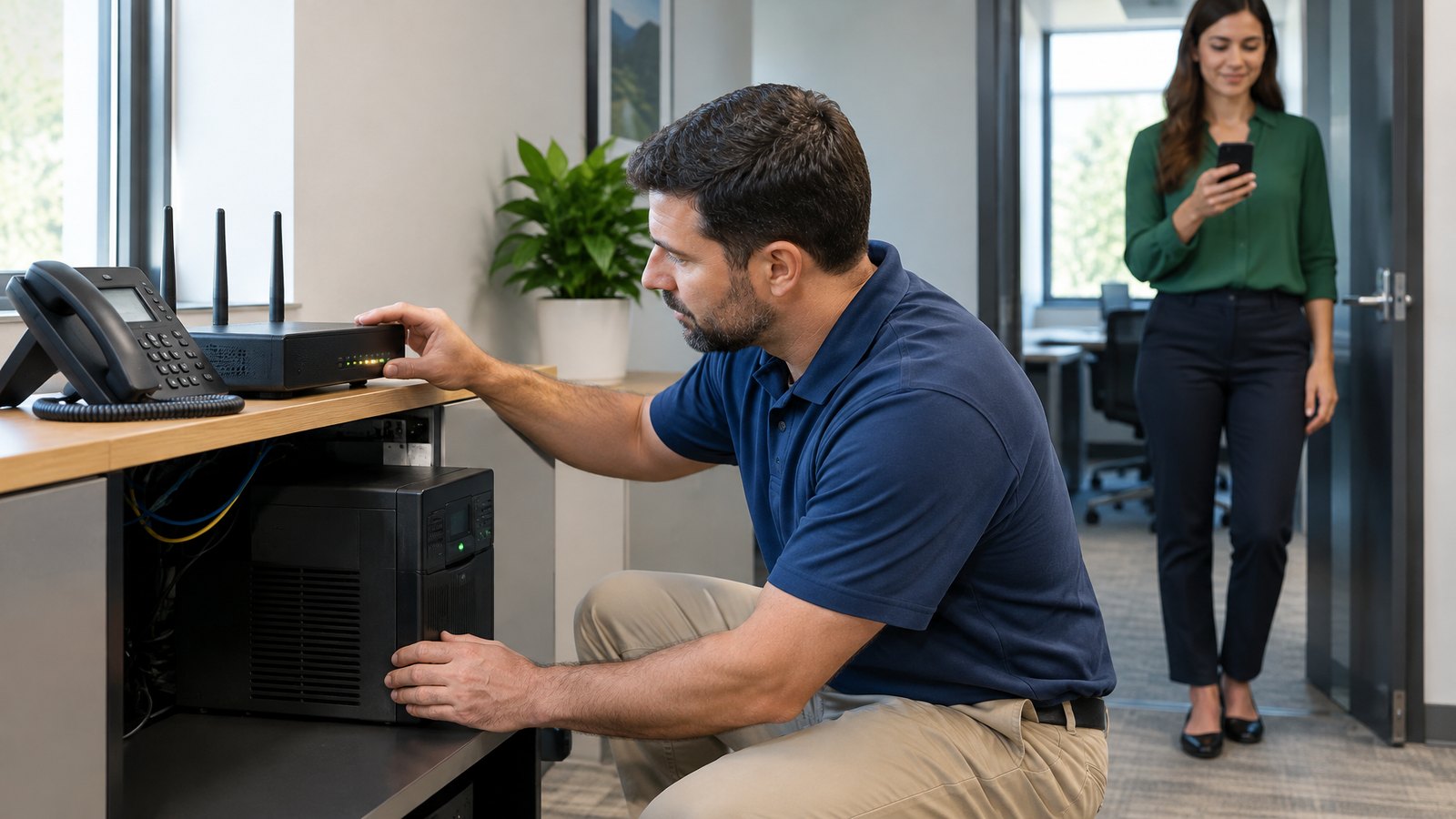 A technician in a navy polo kneels to check a battery backup and network router beside a desk phone in a Charlotte office while an employee walks past on her mobile phone
