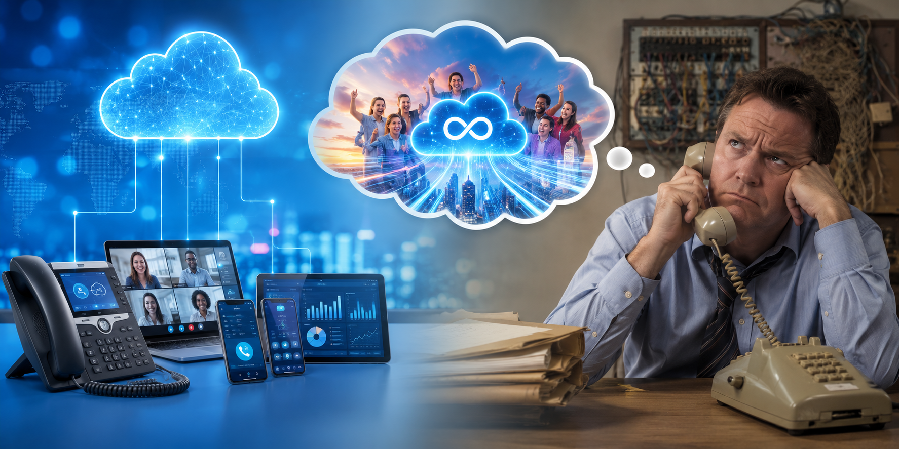 Split image contrasting a modern cloud VoIP setup with an outdated tangled landline phone system