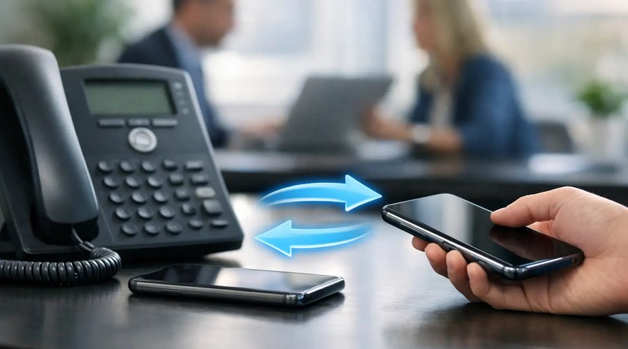 Business desk phone and smartphone with transfer arrows between them, illustrating a business phone number porting from one provider to another