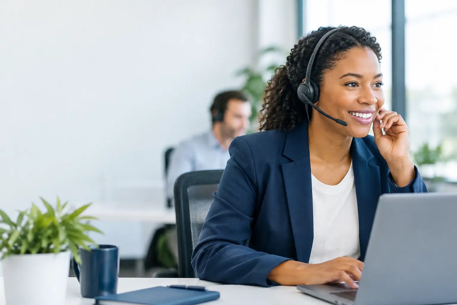 Customer service representative wearing a headset and smiling while placing a call at her laptop, with a coworker in the background