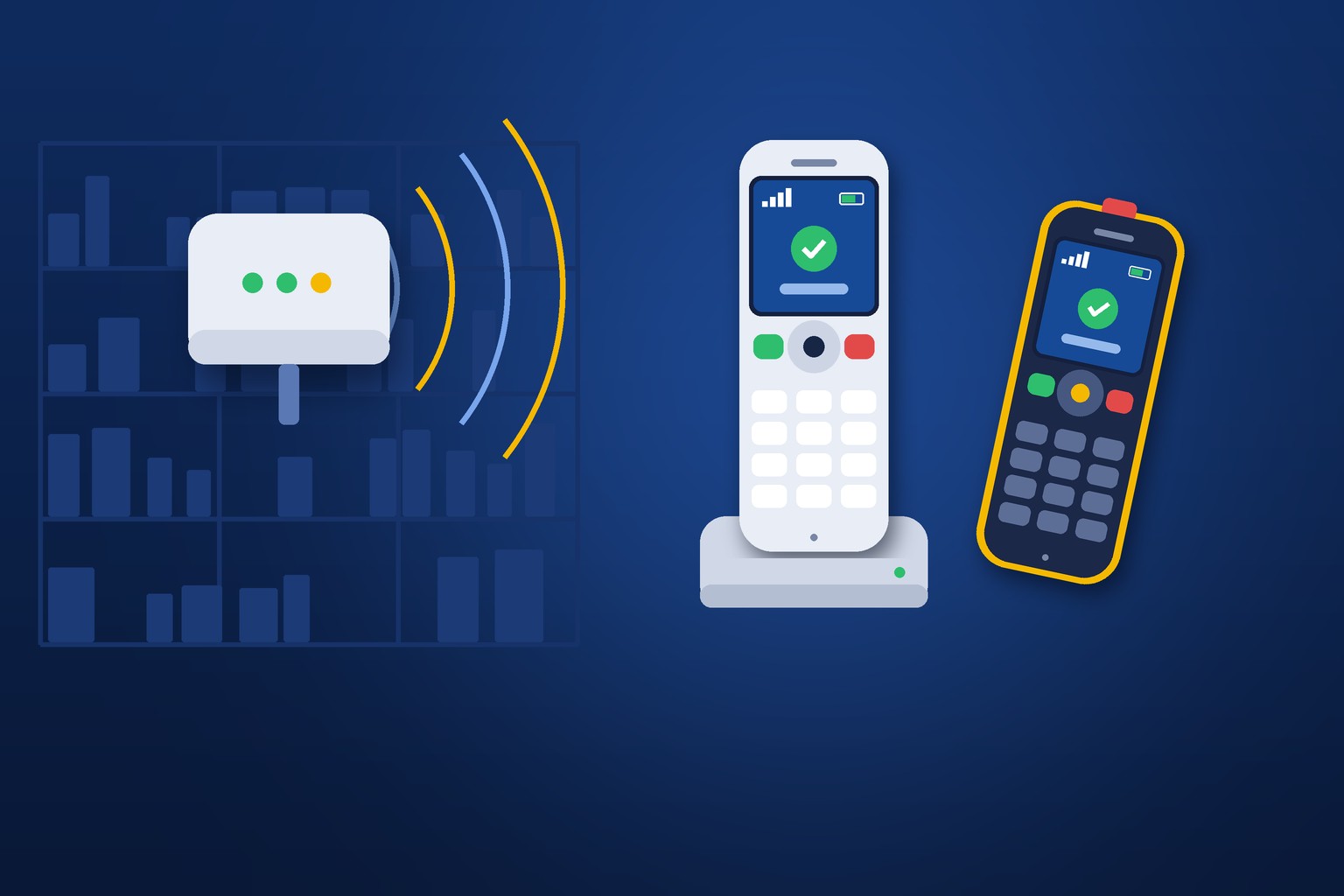 Two cordless DECT handsets, one in a charging cradle and one ruggedized, with a wall-mounted base station sending a signal across a stockroom