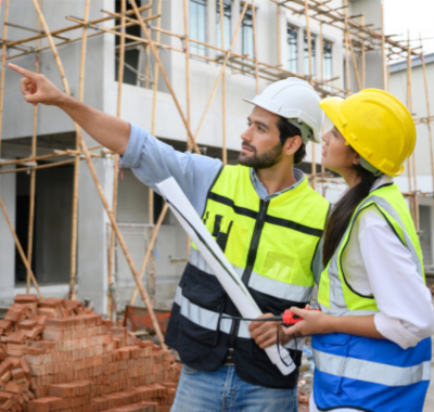 A construction project manager taking a call from the jobsite on a mobile app