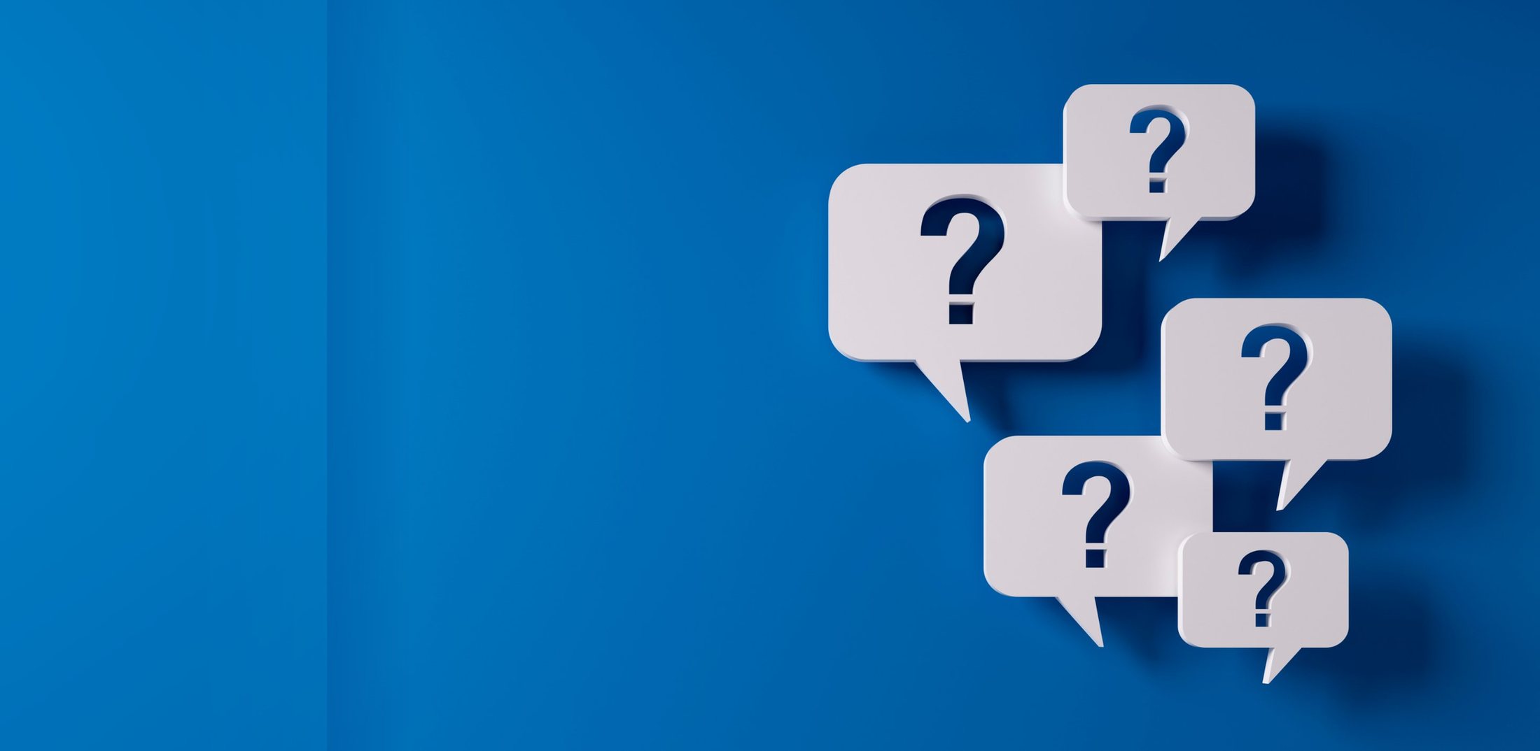 White speech bubbles with question marks on a blue background