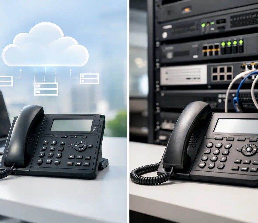 Side-by-side comparison of a hosted VoIP desk phone connected to the cloud and an onsite PBX phone wired into a server rack